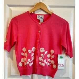 Lilly Pulitzer Vintage Pink Short Sleeve Embroidered Floral Cardigan NWT Small